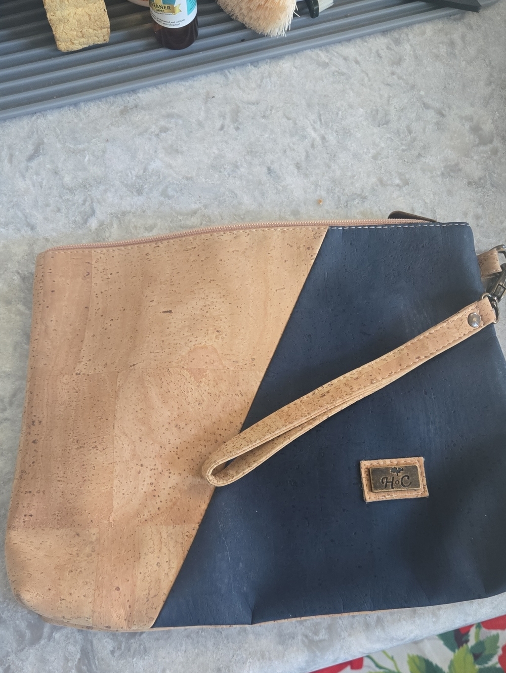 Two-Tone Cork Large Clutch in Natural and Navy